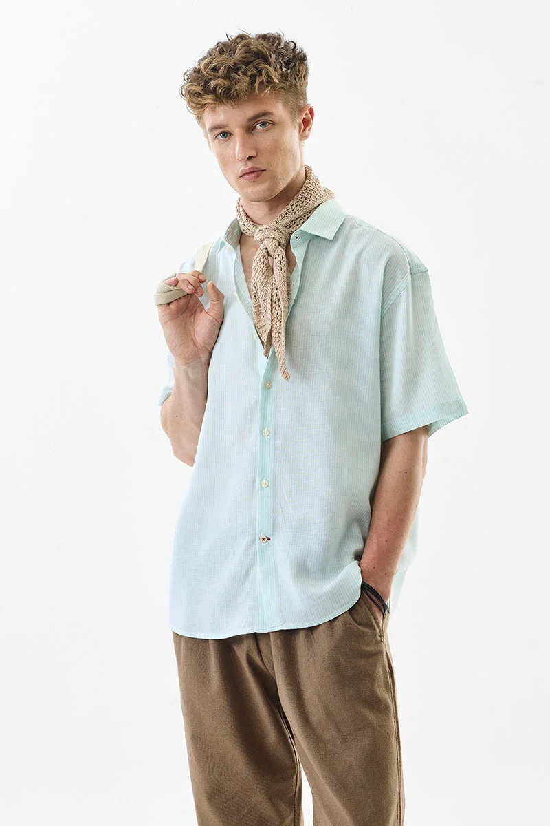 SNITCH Relaxed Fit Linen Blend Stripes Light Green Shirt